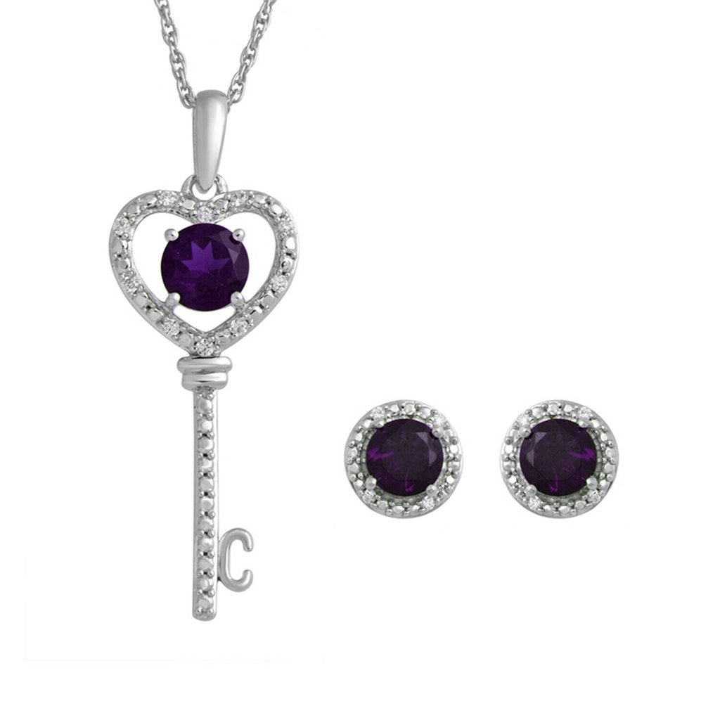 Believe Sterling Silver Simulated Amethyst Cz Key Pendant Earring Set - 18 37$